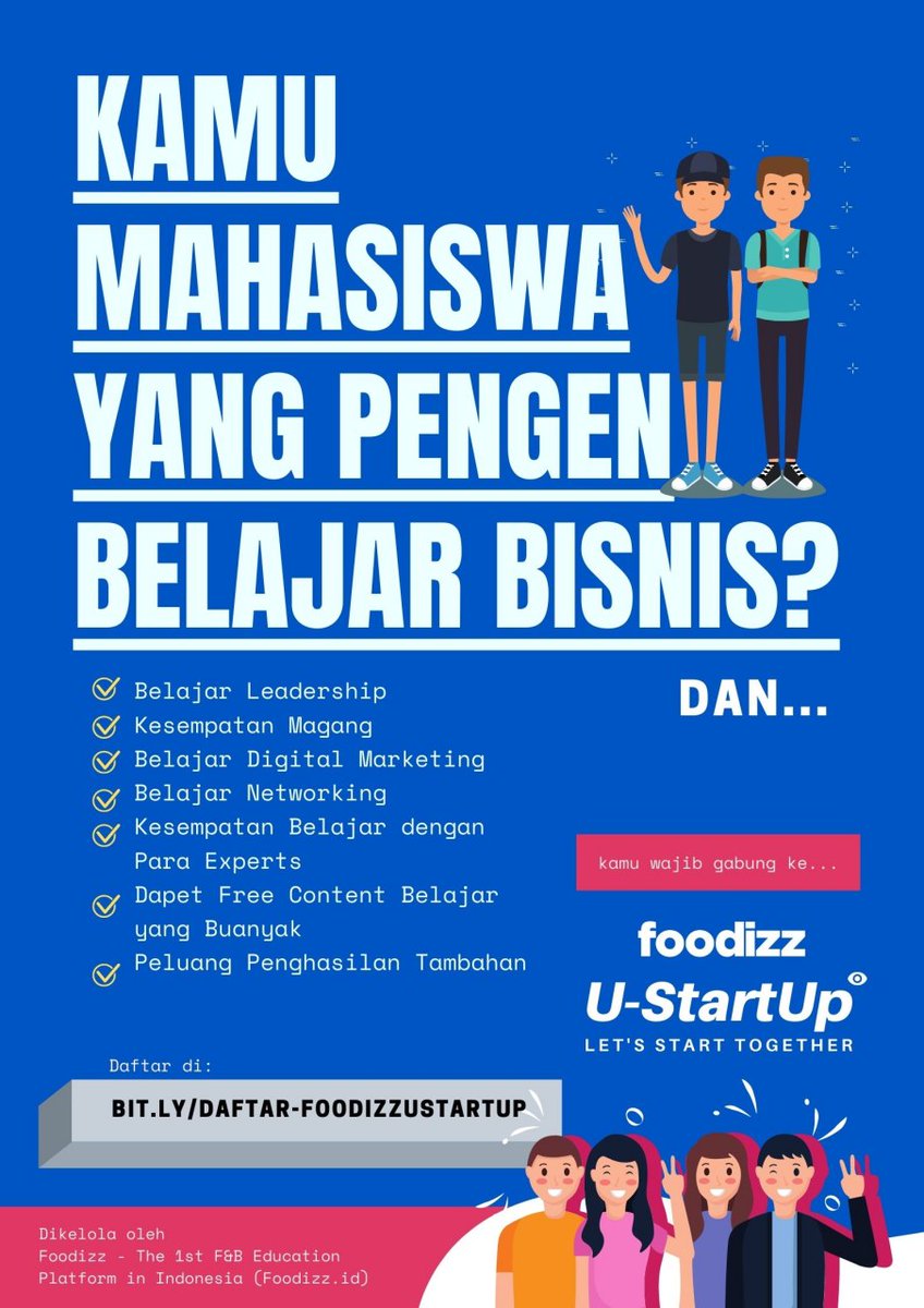 Kamu Mahasiswa yang pengen belajar bisnis? Yuk daftar di bit.ly/daftar-foodizz… utk belajar bisnis, digital marketing, kesempatan magang atau mendapat penghasilan tambahan.. Plus perbanyak kenalan yg juga mau belajar membangun bisnis 👍👍