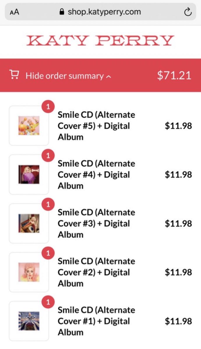 Well 2 and 1/2 months later my 5 Smile Alternate CD Covers have Shipped!!!! I bought all the Limited Edition Smile CD Covers for $71.21 because they were Limited Edition and will never be sold again!!! I hope I can meet  @katyperry again and have her sign them!!!!  #SMILE 