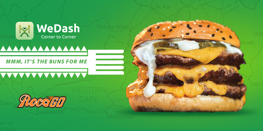 WeDashSA's tweet photo. These buns are hot and they come with plenty
of beef.

Get your hands on a mouth-watering,
full-figured Burger from @rocomamas 
Download the WeDash App here: https://t.co/nxy0r1byks
Make your order using promo code: BUNS 

#ThengaThursday
#WeDash
#CornertoCorner https://t.co/M8vukD1D9d