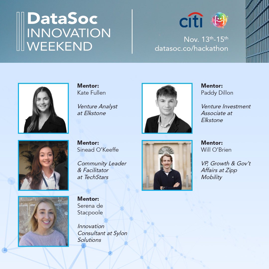 *** 𝗠𝗲𝗻𝘁𝗼𝗿 𝗔𝗻𝗻𝗼𝘂𝗻𝗰𝗲𝗺𝗲𝗻𝘁 - 𝗗𝗮𝘁𝗮𝗦𝗼𝗰 𝗜𝗻𝗻𝗼𝘃𝗮𝘁𝗶𝗼𝗻 𝗪𝗲𝗲𝗸𝗲𝗻𝗱 ***

Check out the next five of our mentors for DataSoc Innovation Weekend - a lineup of experts from a diverse array of industries.