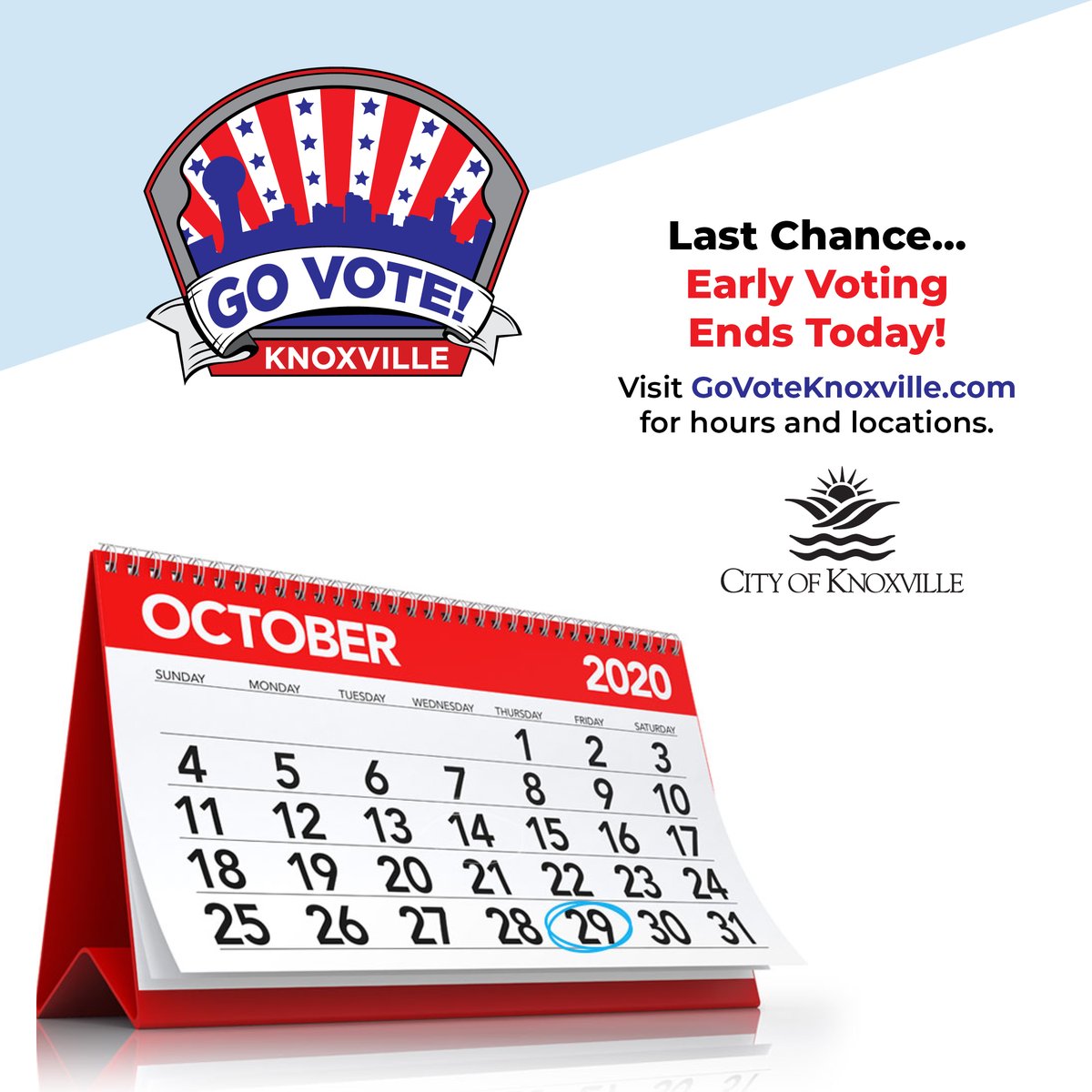CityKnoxvilleTN's tweet photo. Today is the last day to vote early in Knox County. All voting locations are open 8am-8pm except Karns Senior Center (closes at 5) &amp; the City County Bldg (10am-7pm). Make your voice heard! #GoVoteKnoxville #EarlyVoteTN https://t.co/9s53yfYG8s