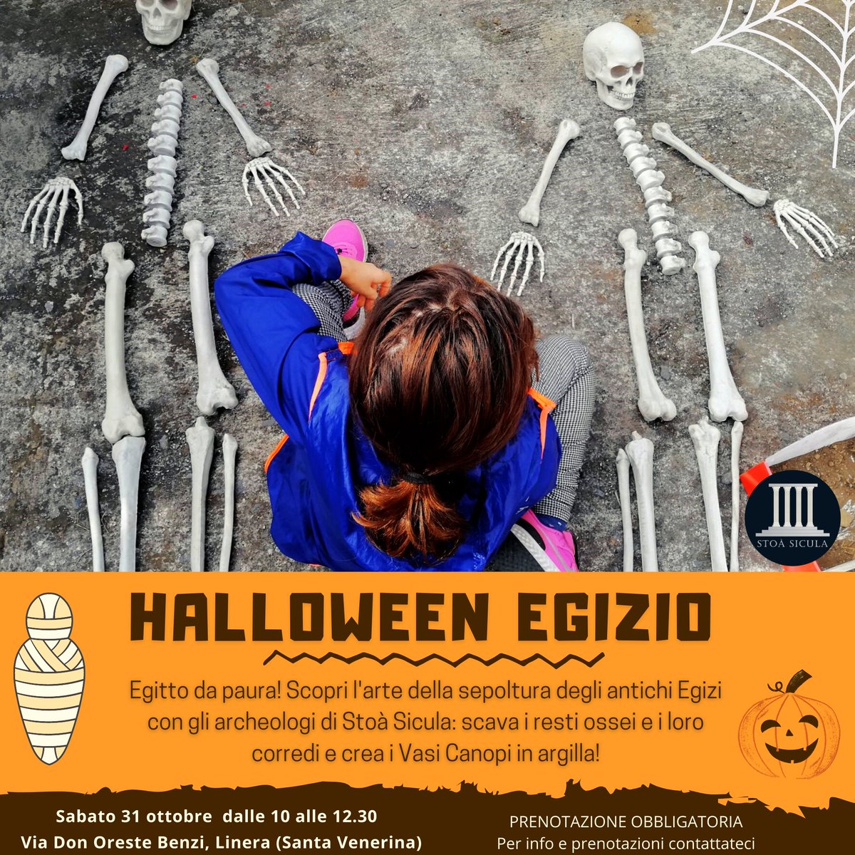 Egitto da paura!
Scopri l'arte della sepoltura degli antichi Egizi: scava i resti ossei e i loro corredi e crea i Vasi Canopi in argilla con gli archeologi di Stoà Sicula.
INFO: stoasicula.it/iniziative/pro…

#halloween #sicilia #bambini #laboratorio #catania