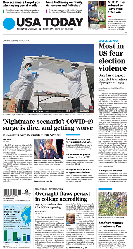 On today's #frontpage: 
–A 'nightmare scenario' as COVID-19 surge is dire and getting worse: The U.S. sees a death every 107 seconds as the third wave hits.
–How scammers target you on social media: Complaints have tripled during the pandemic, including some fake stimulus ploys.