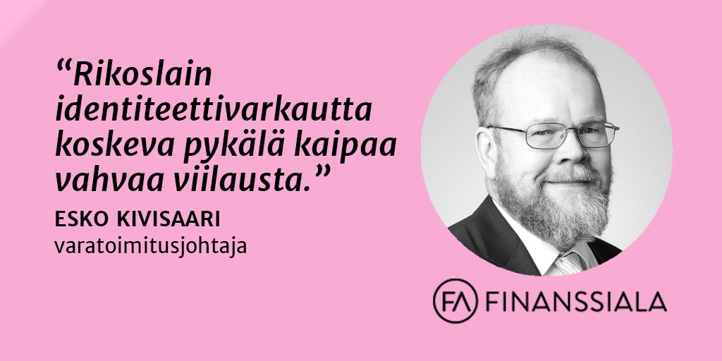 finanssiala's tweet photo. Finanssiala ajaa tiukennuksia identiteettivarkautta koskevaan kohtaan rikoslaissa. Rikoksesta ei ole olemassa törkeää tekomuotoa ja mahdollisena rangaistustyyppinä on nykyisin vain sakkoa, kirjoittaa @EskoKivisaari #Vastaamo https://t.co/DDTLVpLCBN https://t.co/itRixaXGIA