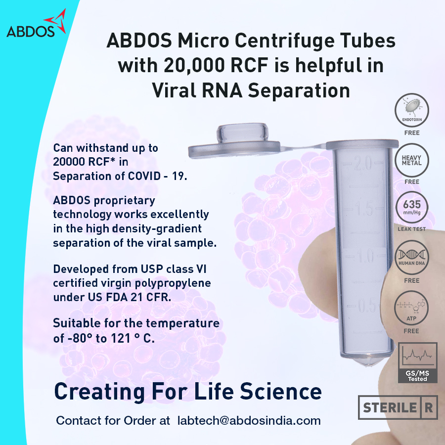 AbdosLabtech's tweet image. ABDOS Micro Centrifuge Tubes with 20,000 RCF is helpful in Viral RNA Separation !!

#mct #MicroCentrifugetube #LifeScience #abdos #creatingforlifescience #lifesciences
