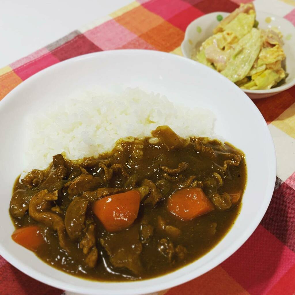 スナフキン じゃがいもなしカレーが好きになってきたかも 男の料理 男子ごはん カレー カレーライス じゃがいもなしカレー キャベツとゆで卵のサラダ