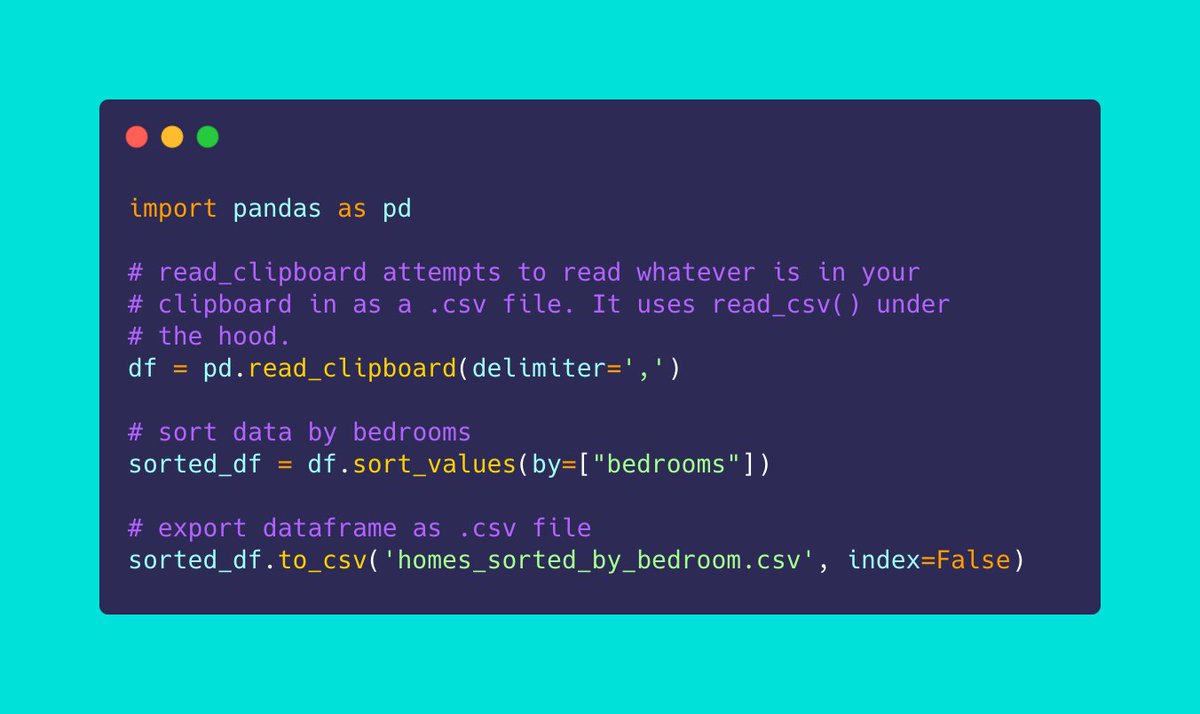 use_pandas's tweet image. Python pandas recipe of the day:
Did you know you can read in .csv's from your clipboard into pandas?? 🤯