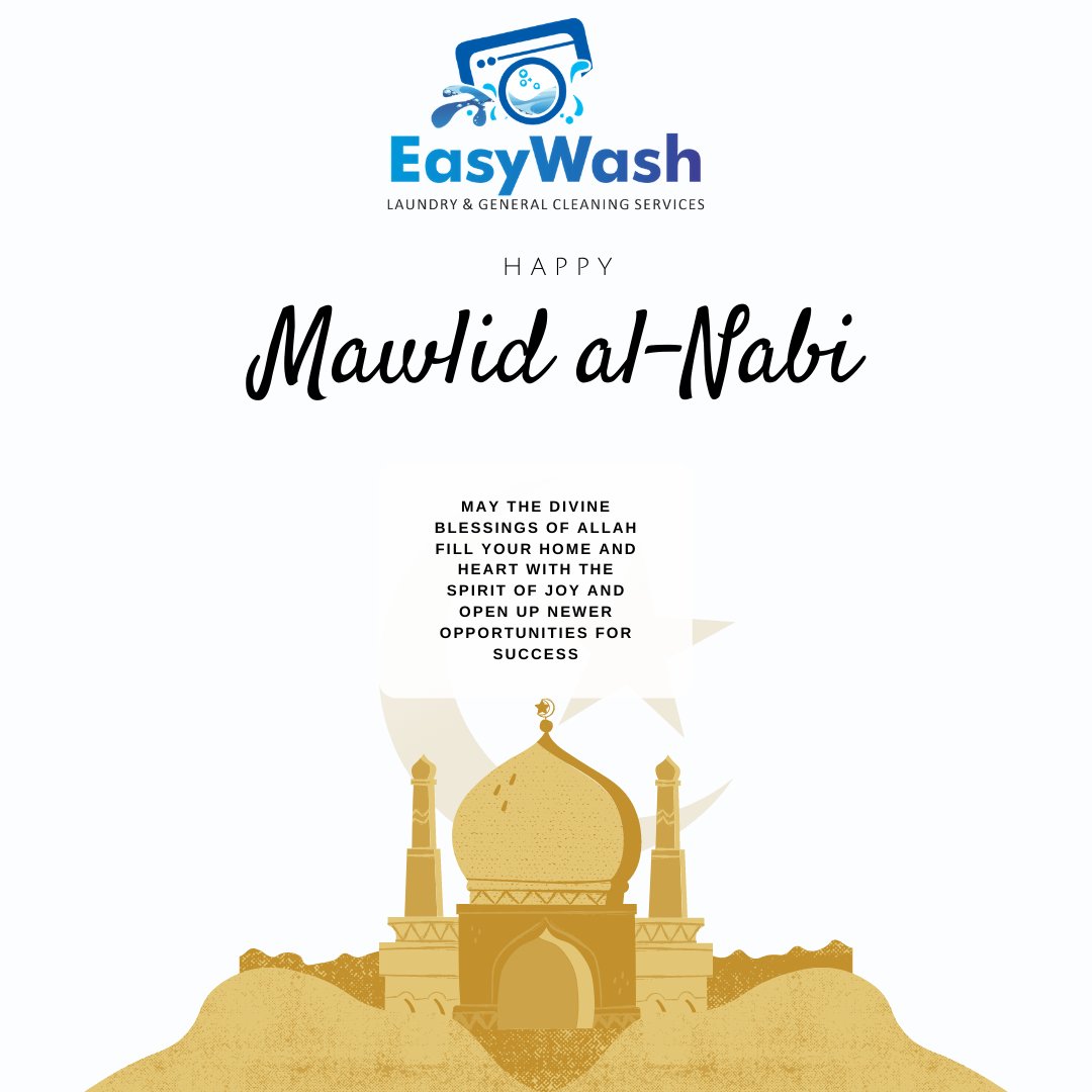 Happy Mawlid al-Nabi to all our Muslim brothers and sisters! EasyWash Laundry and General Cleaning Services celebrates with you today. 

#HappyMawlidAlNabi
#LaundryInKano #DrycleaninginKano  #KanoHomeCleaning #CleaningServicesinKano
#OfficeCleaningServicesinKano