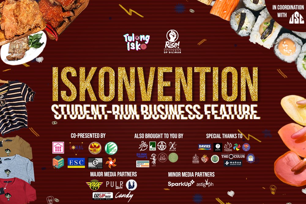 Here are the student-run businesses that signed up to aid with the fundraising of the #TulongIsko initiative! Check out Hiwaga, Noki Japanese Fried Chicken, Good Co., and Mama Mia! Cosmetics! Thank you for these SRBs!