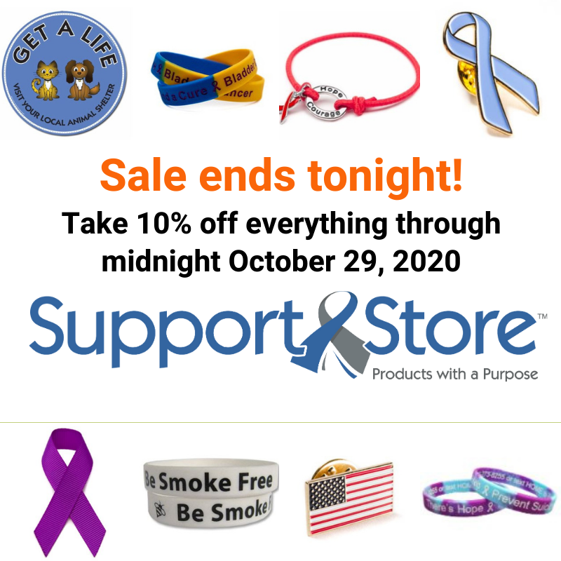SupportStorePwP's tweet photo. Save now on all of your favorite causes. Sale ends at midnight 10/29/20. Most items ship the same day you order.⁠ https://t.co/uSSf1aNs8i. #veterans #vote #epilepsy #domesticviolence #pancreaticcancer #alzheimers #lungcancer #diabetes #suicideprevention #violenceagainstwomen https://t.co/UufMBfBD8K