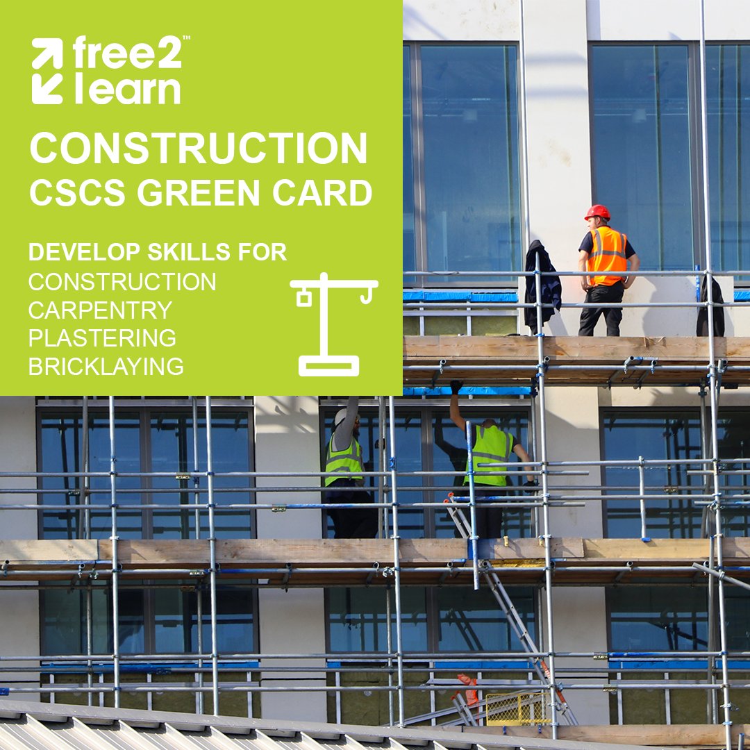 Free2LearnUK's tweet photo. Get the skill employers are looking for with our Construction and CSCS Green Card course. Go to: https://t.co/ow8W1QXEeh to register today! #ConstructLondon #Construction #London #TrainingLondon #course #virtuallearning #skills #freecourses #unemployed #virtuallearning https://t.co/TKUnbhaNLQ