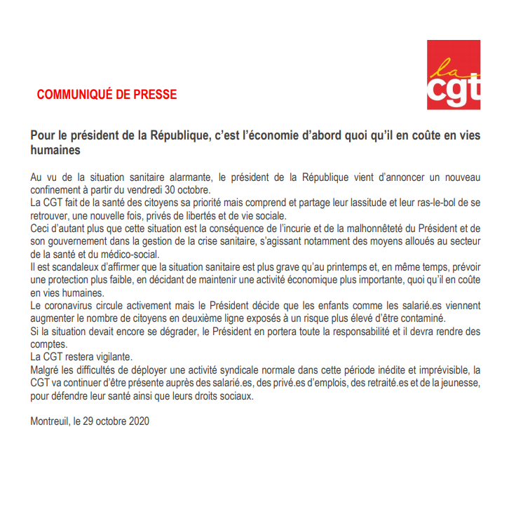 lacgtcommunique's tweet photo. "...Il est scandaleux d’affirmer que la situation sanitaire est plus grave qu’au printemps et, en même temps, prévoir 
une protection plus faible, en décidant de maintenir une activité économique plus importante, quoi qu’il en coûte 
en vies humaines..." https://t.co/FKJGLMFAy5