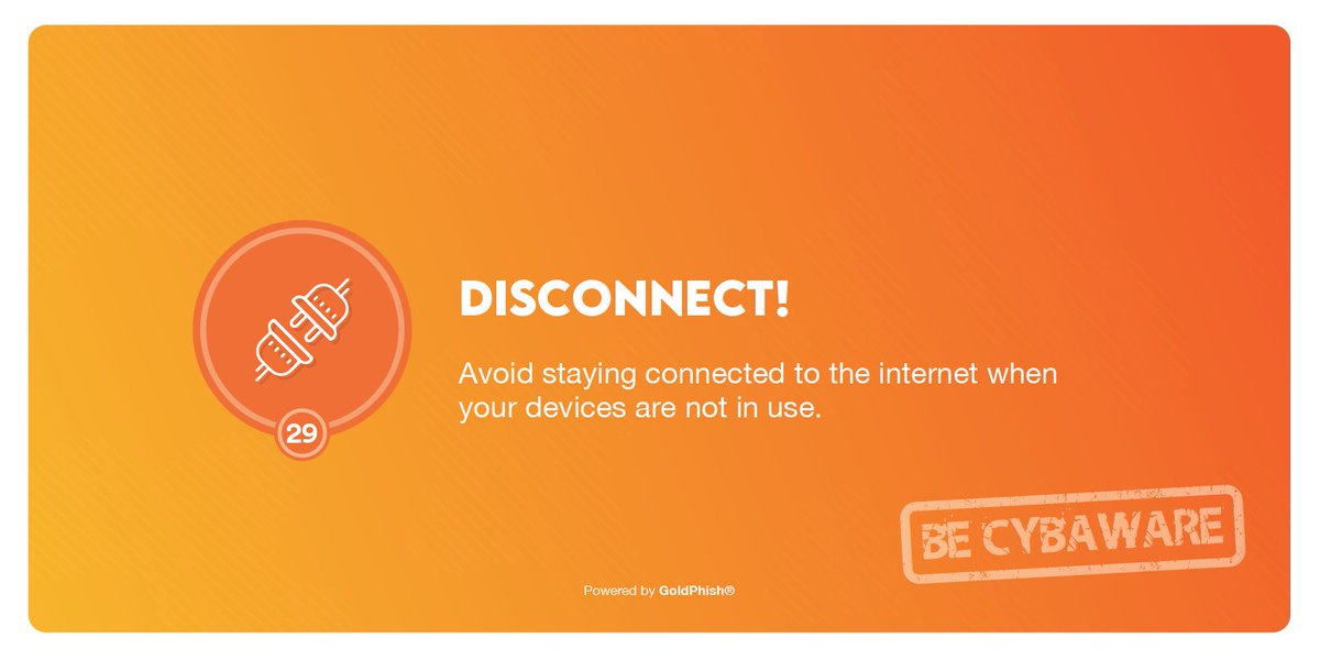 RiniGARD's tweet photo. DISCONNECT!
Leaving your devices connected all the time is a risk. Hackers are constantly exploiting technology to carry out crimes, such as accessing private information and spreading malicious software.
#BeCyberSmart #BeCybaware #NCSAM #CyberSecMonth #RiniGARD #GoldPhish https://t.co/yJVskt2ZC7