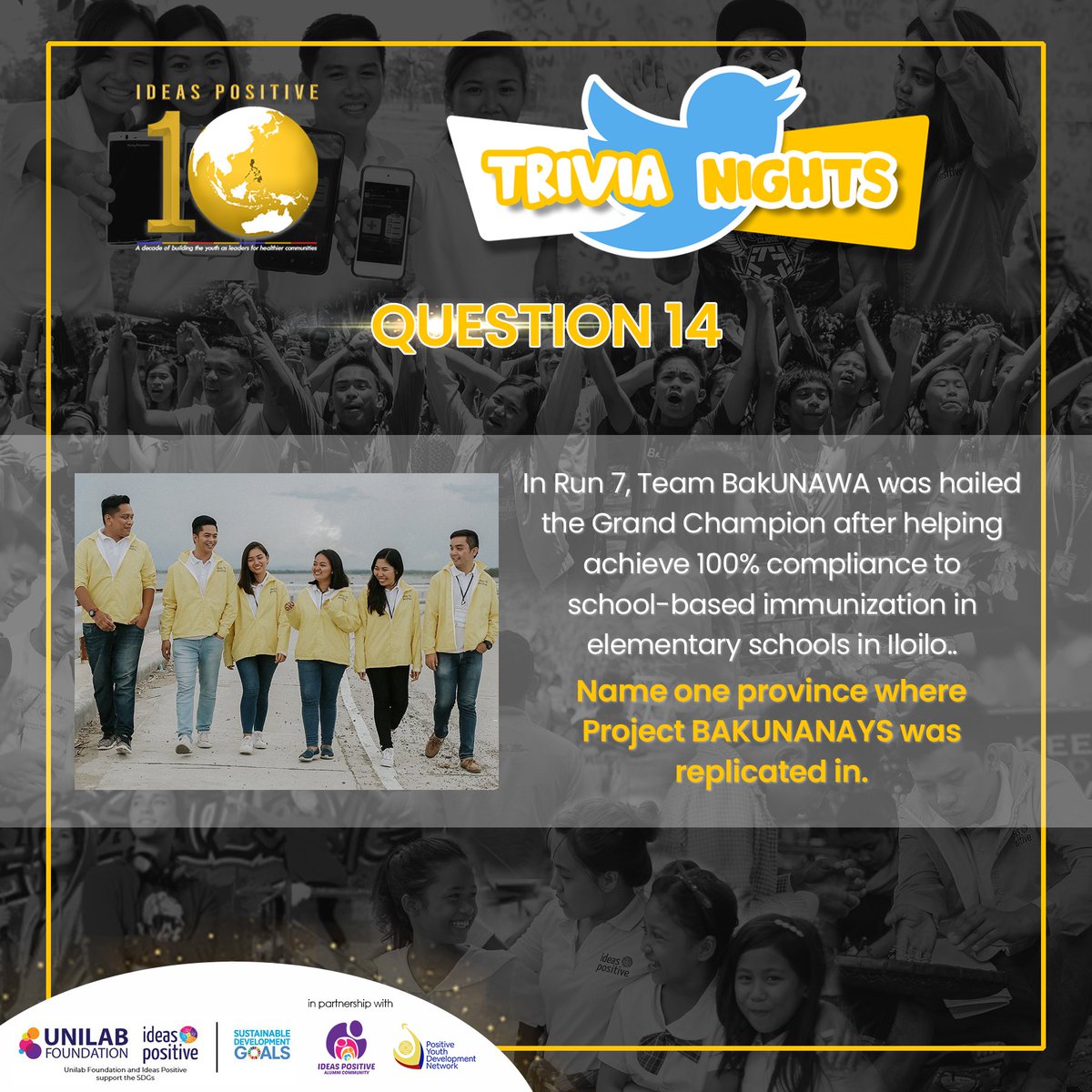 ideaspositive's tweet photo. It's time for #IPTriviaNights Question No. 14!

Alam mo ba ang sagot? QUOTE TWEET this to answer and get the chance to win 300 pesos worth of cellphone load!

#ADecadeOfIdeasPositive #healthierPH https://t.co/HDJnO7CKh4