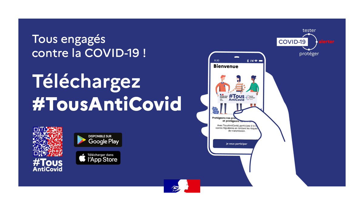 [#COVID19] Avec #TousAntiCovid, participez à la lutte contre l’épidémie en réduisant les risques de transmission.
Téléchargez l'application pour être alertés et alerter les autres : 
✅iOS : apple.co/2TuhWVC
✅Android : bit.ly/3jBUOit