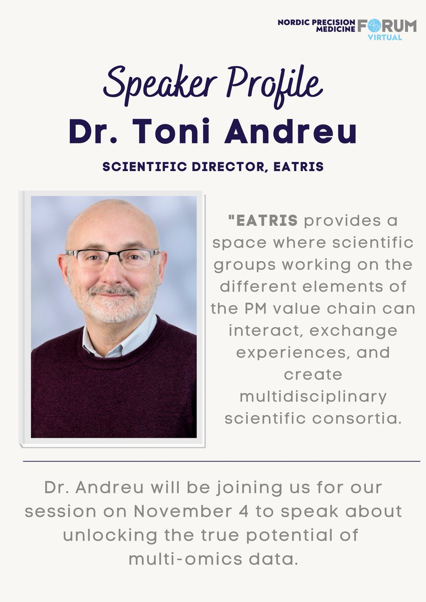 precisionforum's tweet photo. Dr. Toni Andreu will be talking at our Nordic Precision Medicine Forum Virtual 2020/21 on November 4 about unlocking the true potential of multi-omics data. 

You can read our Q&amp;A interview with Dr. Andreu on our website 👉 https://t.co/M3NpEj0ZZr

If you're interested in fin ... https://t.co/UXTbIOXlbC