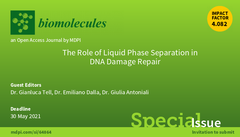 Biomol_MDPI's tweet image. #NewSI
Welcome to submit Biomolecules' SI "The Role of #LiquidPhase Separation in #DNA #DamageRepair"

📢Submissions are open.
✏️Guest edited  by Dr. Gianluca Tell, Dr. Emiliano Dalla, Dr. Giulia Antoniali @uniud 
👉mdpi.com/journal/biomol…

#RNABindingProteins #ncRNA #BreakRepair
