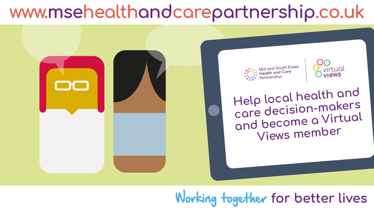 MSEssex_ICS's tweet photo. Help us make the right choices in how we plan for the future. 

We are asking residents across mid and south Essex to join our Virtual Views citizens’ panel and #HaveYourSay. 

Click here https://t.co/AJoIJi2zSU to find out more and apply to be a #VirtualViews panel member. https://t.co/OjD895JLq8