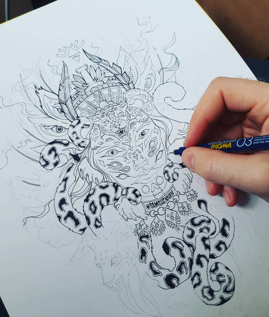 samshennan's tweet photo. Inking these makes me remember a time before Undo and Pinch to zoom.

#samcreates #samshennan#travellingartist #illustration #shaman #mask #drawing #ink: https://t.co/ULBO62kf91 https://t.co/xrrmxavfw1