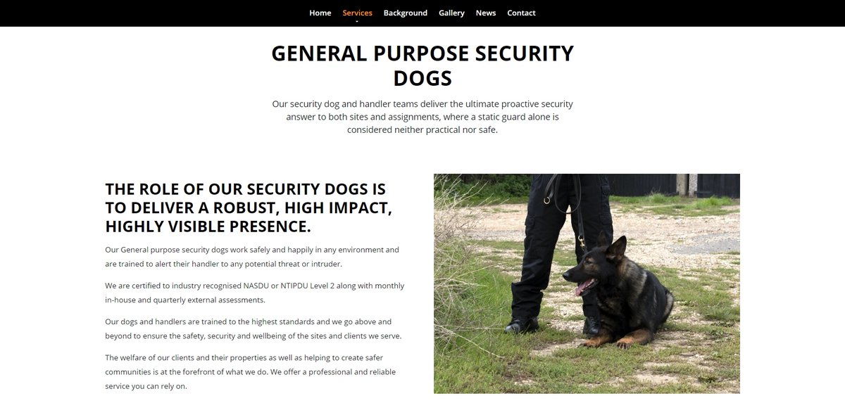 AWDWebDesign's tweet image. A brand new website for Resolute Dog Security Ltd (@LtdResolute) where they provide structured, tailored and bespoke security solutions. 

Take a look at the website here: resolutedogsecurity.co.uk

#webdesign #hertfordshire