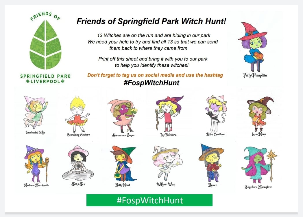 FOSPLiverpool's tweet photo. Witches have landed in our park &amp; taken up residence until the end of the wk! 🧙‍♀️

Our #FospWitchHunt checklist will be on our website today for you to download/print, &amp; go on your witch hunt in our park to find all 13!
Will definitely need wellies &amp; umbrellas today though! 🌧☔🌧 https://t.co/qHrA6GcIFc