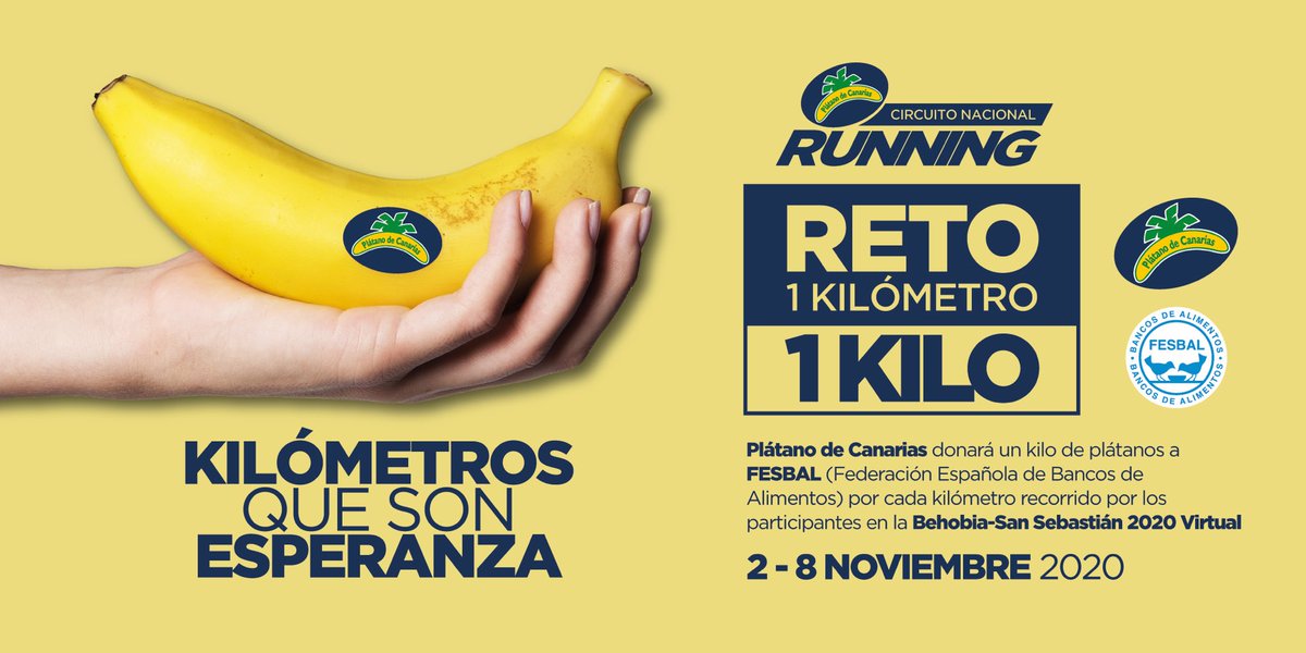 ¡El #CircuitoNacionalRunningPdC sigue sumando kilómetros solidarios, esta vez en la <a href="/BSS_Fortuna/">Behobia-SanSebastián</a> Virtual!

Por cada KM que los corredores inscritos recorran durante la prueba, <a href="/platanosiempre/">Plátano de Canarias 🍌</a> donará 1 Kilo de plátanos a <a href="/fesbal_org/">Federación Española de Bancos de Alimentos-FESBAL</a>.

¡Transforma tus zancadas en esperanza! 🏃🏻‍♂️🍌