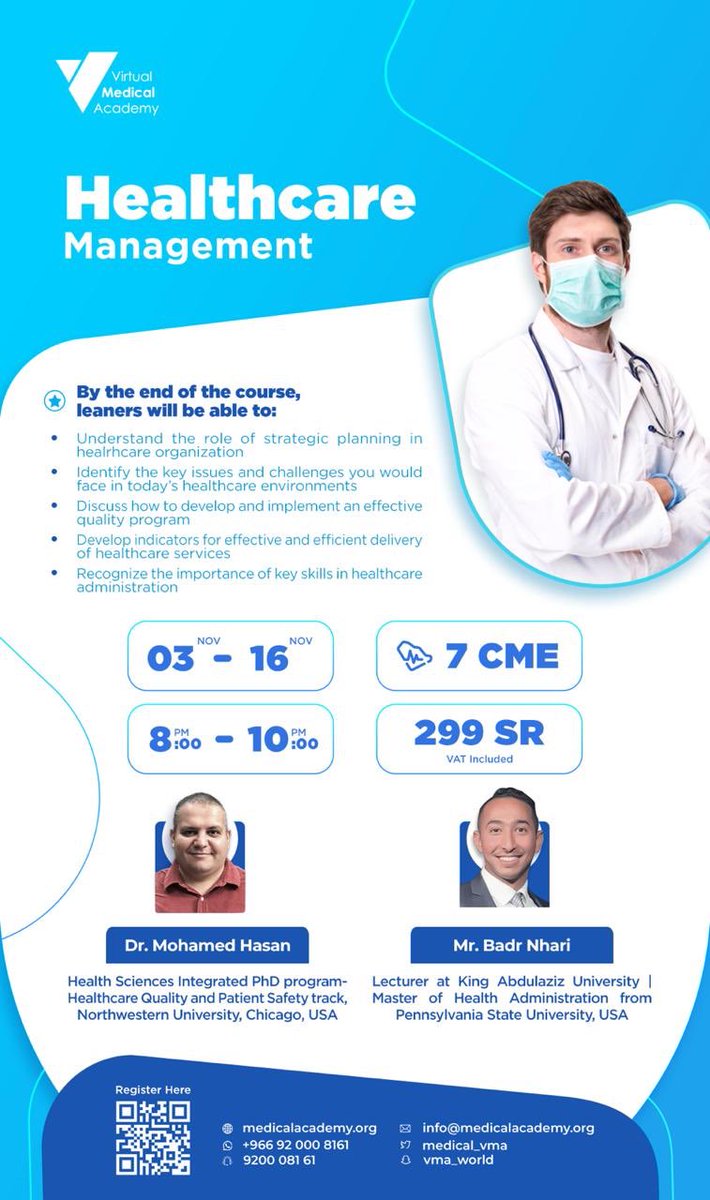 badr_nhari's tweet photo. I am pleased to invite you to the Health Management Course, which I will take part in the 3rd &amp; 4th of November.

I will talk about strategic planning in healthcare organizations and its impact on the quality of health services 🏨 

🔸Registration link:

https://t.co/jRPx6JTbZV https://t.co/XujtBxc4pG