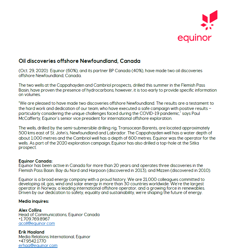 .<a href="/Equinor/">Equinor</a> has announced oil discoveries at the Cappahayden &amp; Cambriol prospects in the Flemish Pass Basin. Noia &amp; its members welcome this announcement &amp; look forward to further details about the wells. Read more 👇