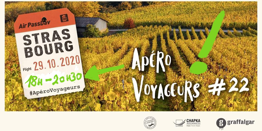 🌏 #AperoVoyageursStrasbourg #22 - Nouvel horaire ! 
RDV ce jeudi 29 oct 18h à 20h30 <a href="/Graffalgar/">Graffalgar</a> 
Tjrs gratuit mais
inscription obligatoire ! 
 ➡️ fb.me/e/366c9ut1X 
Ce soir le Graff vous réchauffe le cœur avec des petits plats et desserts ! 
+ Gestes barrières évidemment😷