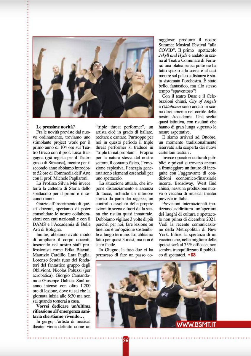 RIFLETTORI SU...
Nel numero di settembre/ottobre si parla di noi!
Un grazie speciale a <a href="/Silvia_Arosio/">silvia arosio</a> 
#bsmt #diplomaaccademico #laurea🎓 #riflettorisusilviaarosio #miur #labsmtnonsiferma #accademiadimusical #performingarts #musicaltheater #newbeginnin