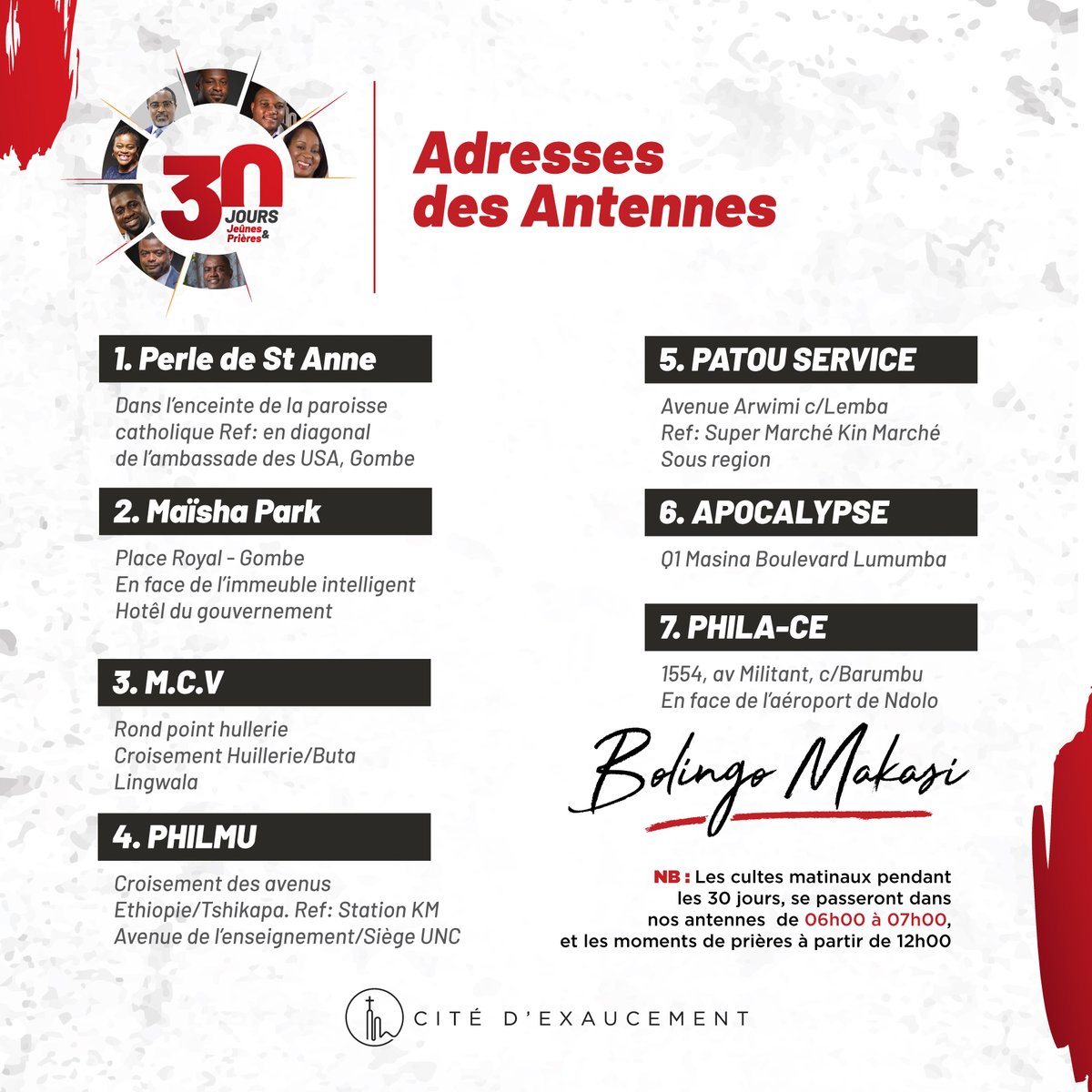 ce_phila's tweet image. #PROSTERNES
En route vers 30 Jours de jeûne &amp;amp; prière 

Voici nos différentes adresses des antennes de prières ( Cfr Affiches)

Retenons également que nos programmes des cultes matinaux se passeront dans les antennes des prières chaque jour de 06h00 à 07h00.
#philace #prosternes30