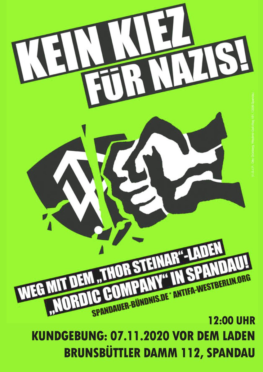 antifawb's tweet photo. Den Thor Steinar-Laden "Nordic Company" in #Spandau endlich dichtmachen! Kommt zur antifaschistischen Kundgebung am 7.11 | 12:00 Uhr| Brunsbüttler Damm 112. #antifa #nothorsteinar #b0711 https://t.co/K4i0uTLo8N https://t.co/0eHksgvJf6