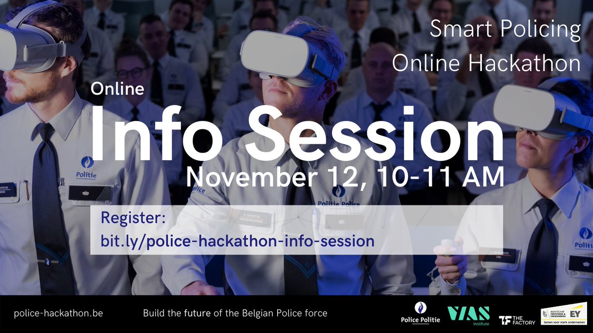 Laten we samen aan de toekomst van de Belgische politie bouwen! Jij kan hieraan meewerken door deel te nemen aan de #SmartPolicingHackathon. Zit je nog met vragen of ben je nog niet helemaal overtuigd? Schrijf je dan in voor de infosessie op 12 november! bit.ly/police-hackath…