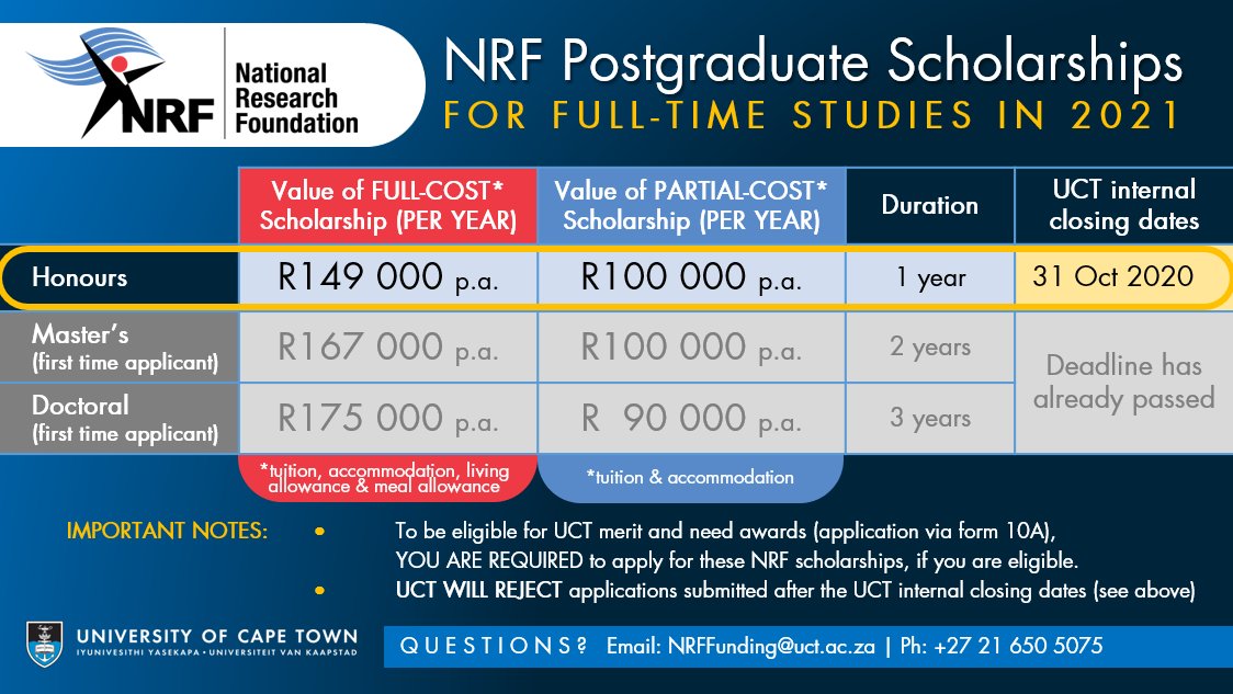 UCTpostgrads's tweet photo. Time is running out! Apply by 31 Oct 2020 for a scholarship from the @NRF_News to fund your Honours degree @UCT_news next year. More info: https://t.co/aUXrSoCCPI https://t.co/JP2uo5J1aP