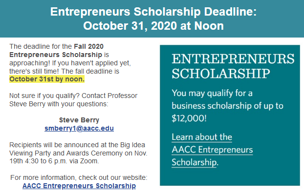 AaccEsi's tweet photo. Only 2 days left to apply for the Entrepreneurs Scholarship! The deadline is 10/31 at 12 p.m.

Scholarship recipients will be announced at our Big Idea Viewing Party on 11/19!

Link to apply: https://t.co/ukqE6GUln1

#AACC #AACCEntrepreneurs #AACCESI #AACCRiverhawks #aaccbigidea https://t.co/5PUBts5JCf