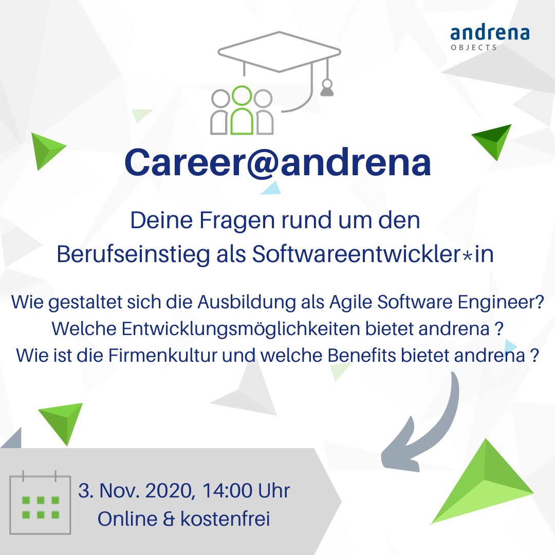 andrenaobjects's tweet image. Dein Studienabschluss rückt immer näher und Du würdest gerne mehr über den Job eines Softwareentwicklers bei andrena wissen? 
Dann nimm Teil an Career@andrena!
andrena.de/careeratandrena

#agilesoftwareengineer #online #andrenakarriere #berufseinsteiger #IT