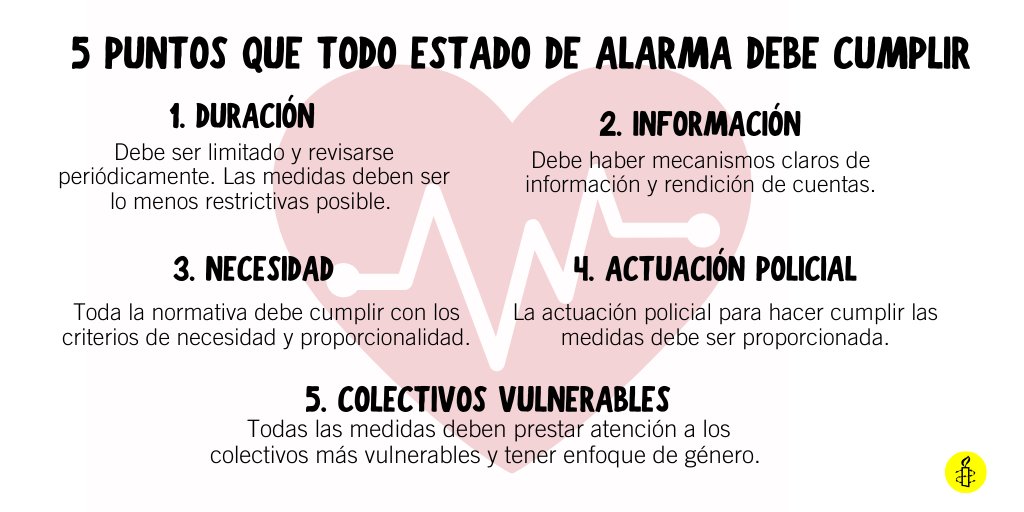 amnistiaespana's tweet photo. ‼️ Hoy que el Congreso debate la prórroga del estado de alarma hasta mayo, recordamos 5 puntos que todo estado de alarma debe cumplir para garantizar los derechos humanos: https://t.co/xeqBslFR3n. Abrimos 🧶 HILO. https://t.co/DsfvYymKCd