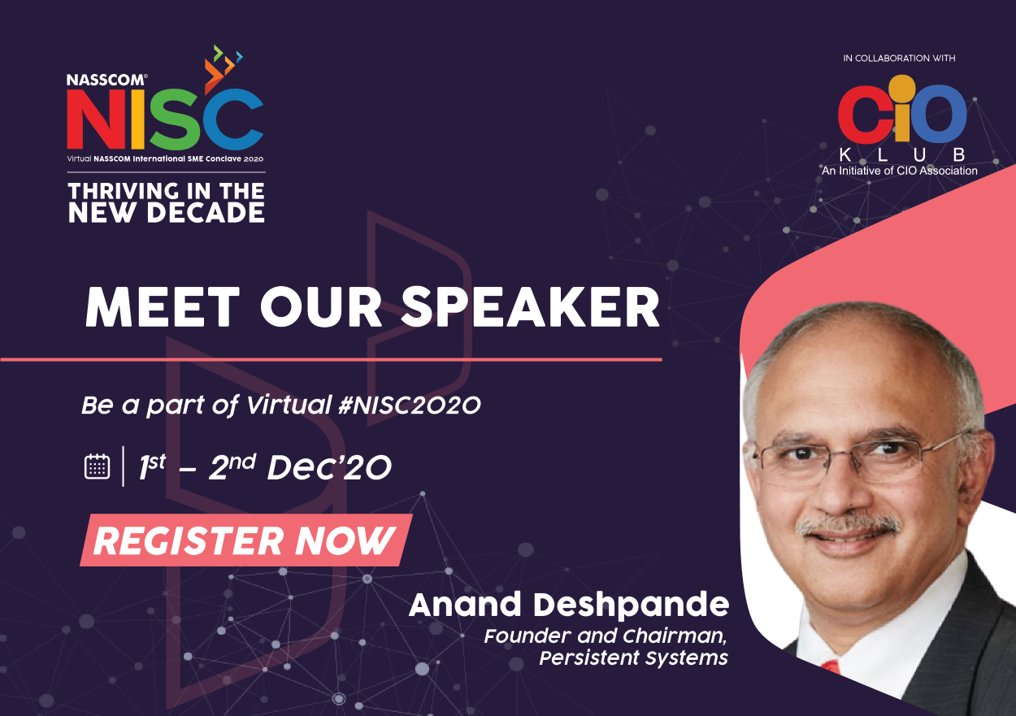 nasscomSME's tweet photo. Delighted to have @anandesh, Founder and Chairman @Persistentsys join us as speaker at #NISC2020.
Register for #NISC2020 to hear him live. Visit: https://t.co/8SUMbOdBQn
#NASSCOM #SMEs #India #VirtualConference #SMEConnect #nasscomNISC https://t.co/9IXCdSLNhN