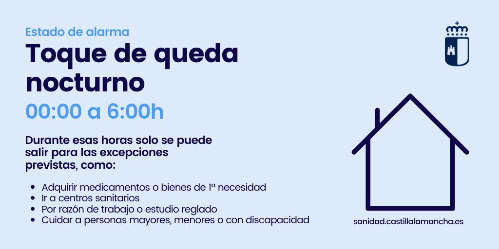 SanidadCLM's tweet photo. 🏠 Esta madrugada entra en vigor el nuevo toque de queda nocturno en CLM

🕙 00:00h a 6:00h 
📅 30 de octubre al 9 de noviembre
❌ Solo se podrá salir en esas horas para las excepciones previstas https://t.co/hmwf6Ss3ec