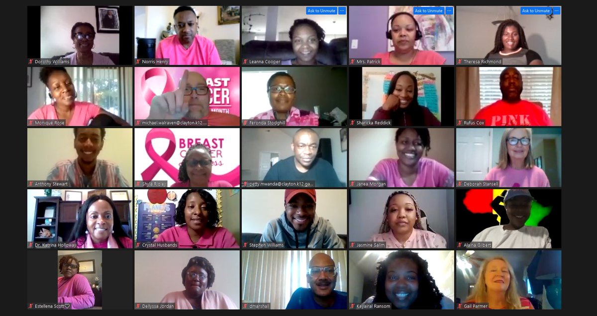STEMatSouth's tweet photo. Our faculty meeting this month was a Pink Out!  We honored our loved ones impacted by Breast Cancer!  Committed to virtually bringing awareness and fighting for a cure!  Check out our tribute!https://t.co/ebE47qqfTk.          #CancerAwareness #CancerResearch #jmsstrong https://t.co/XYnqh0FgzG