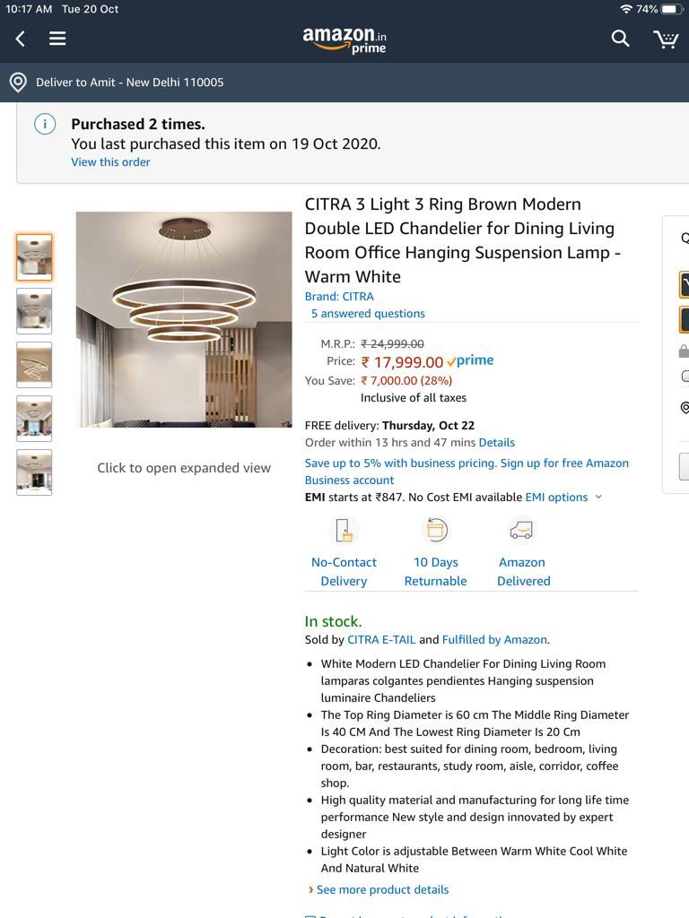 Horroromantic's tweet photo. I bought this Chandelier product from @amazonIN whose original cost showed ₹24,999 on the website. After the delivery was made, the MRP on the box of the product was only ₹14,700. When I tried reaching to @AmazonHelp , They said sorry (1/2) https://t.co/FJrqvlH0UP