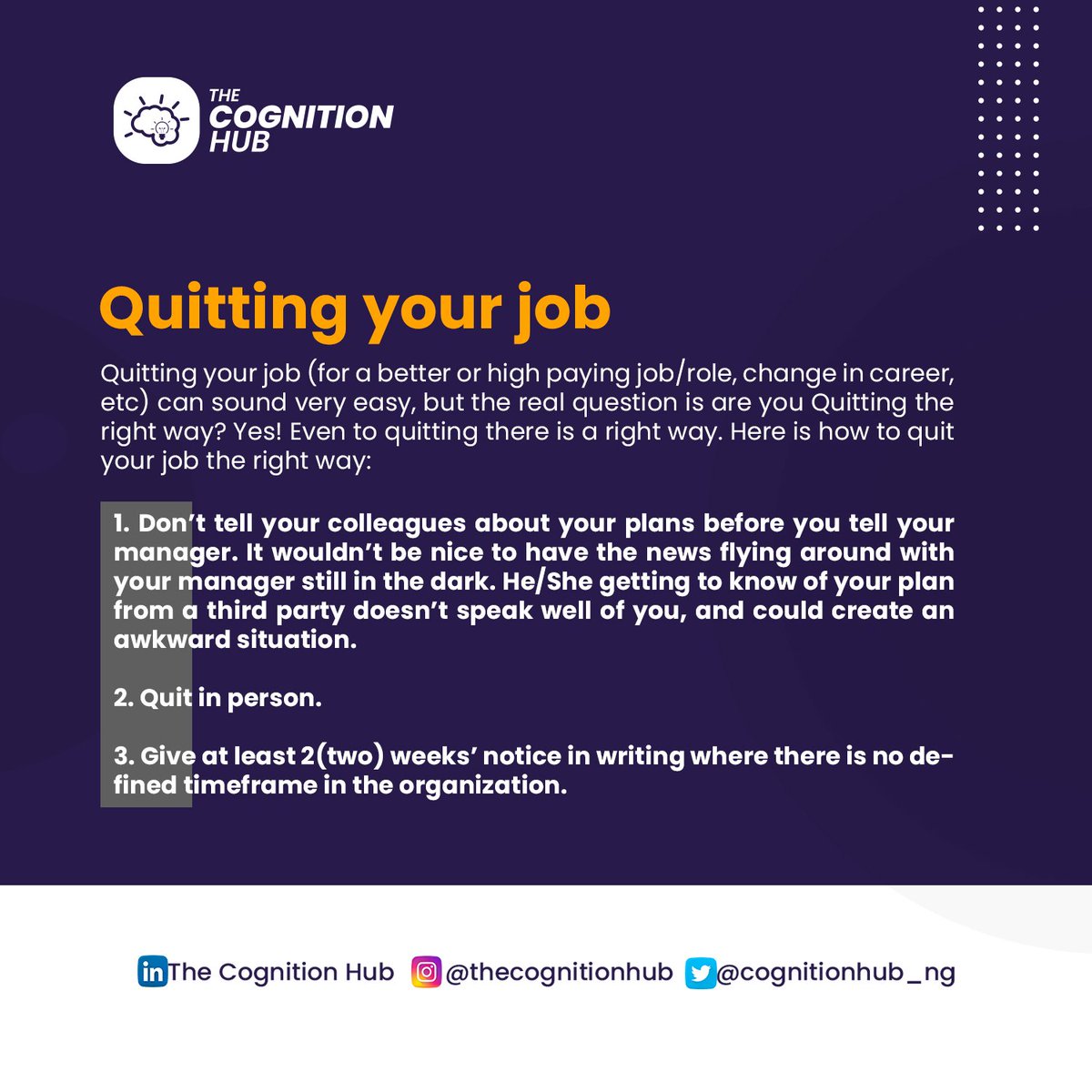 CognitionHub_NG's tweet photo. Quitting Job isn't so friendly,but doing it the proper way makes it much better.
#TheCognitionHub #Jobcreation #Jobquit #professionalism
Follow us on our social media pages:
LinkedIn: https://t.co/Ai8aF0EJeh
Instagram: https://t.co/7wi8s1dST3
Twitter: https://t.co/t7sEsEw4eF https://t.co/402qdCRhrr