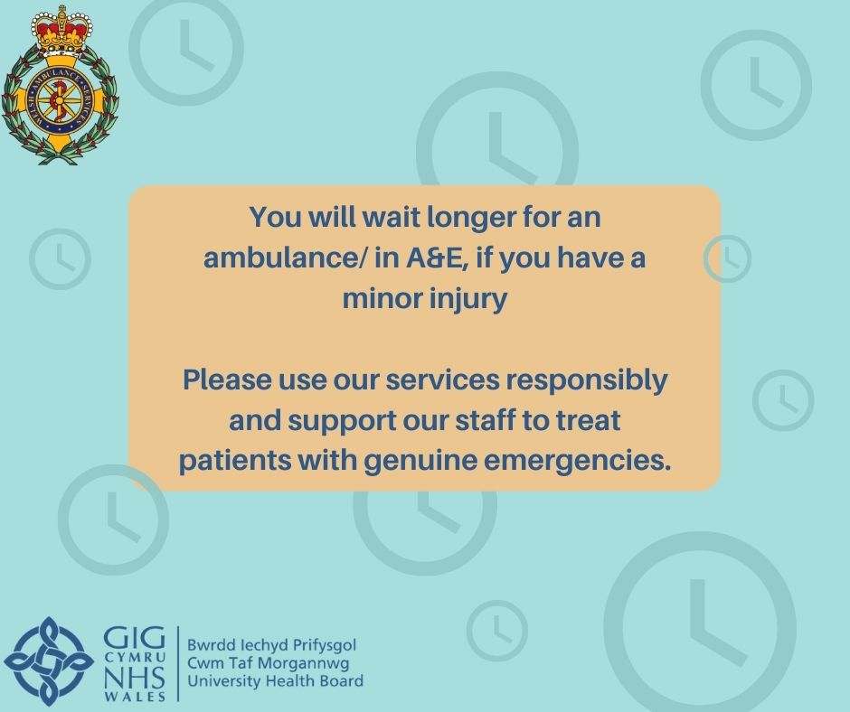 CwmTafMorgannwg's tweet photo. Please use our services responsibly.
Using A&E for non-emergencies hinders healthcare professionals who are working to help those with genuine emergencies.
#keepctmsafe https://t.co/ep3bdkthSi