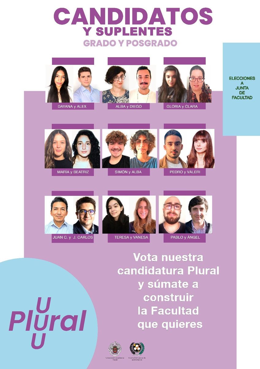 CandidaturaP's tweet photo. Os presentamos nuestros candidatos a Junta y Claustro universitario para las #EleccionesUCM
¡Súmate a construir la Facultad que quieres!
@UCMccinf @PortasPedro @alexcostaescure
#CCINF https://t.co/4FHz9Re73Y