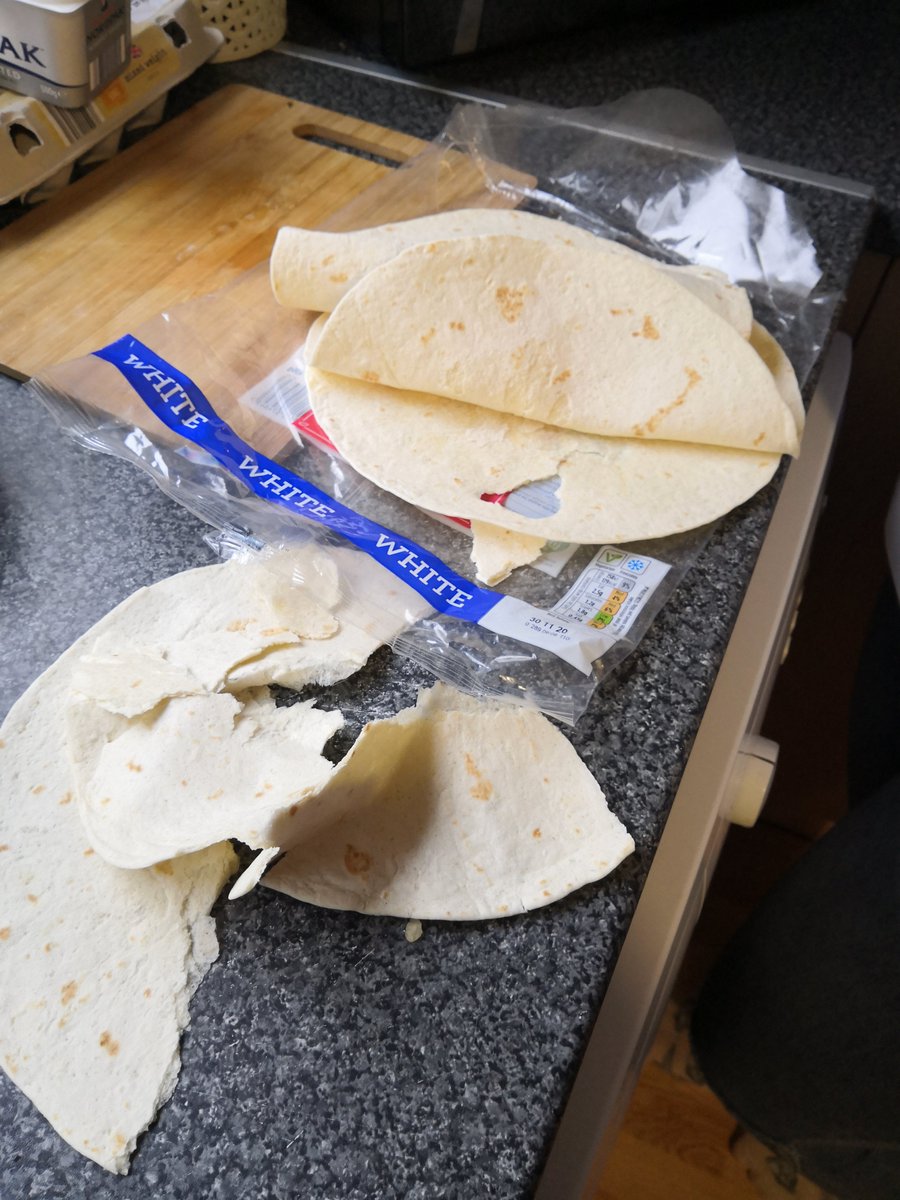 Horrand's tweet photo. @AsdaServiceTeam got two packs of asda wraps and they're all stuck/baked together, only managed to save a couple... https://t.co/klNvZlNhLg