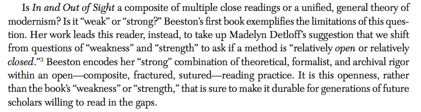 Alix Beeston (@alixbeeston) on Twitter photo I'm so grateful for <a href="/pasqetball/">Stephen Pasqualina</a>'s review of my book in the new <a href="/MModernity/">Modernism/modernity</a>. It's a real privilege to be read so sensitively and generously - and to see the book's critical conceit situated so perfectly within current debates about "weak modernisms." 😍
muse.jhu.edu/article/771033 I'm so grateful for <a href="/pasqetball/">Stephen Pasqualina</a>'s review of my book in the new <a href="/MModernity/">Modernism/modernity</a>. It's a real privilege to be read so sensitively and generously - and to see the book's critical conceit situated so perfectly within current debates about "weak modernisms." 😍
muse.jhu.edu/article/771033
