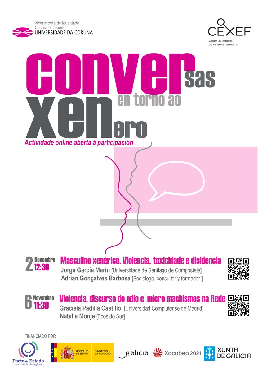 Adri4nGoncalves's tweet photo. 📆El próximo lunes a las 12:30h participaré con Jorge García Marín en el conversatorio organizado por el #CEXEF de la @UDC_gal: 

➡️"Masculino xenérico. Violencia, toxicidade e disidencia".

Si quieres participar puedes acceder a través de este enlace: https://t.co/TUy9YfHn7U https://t.co/5wah7RE1qv