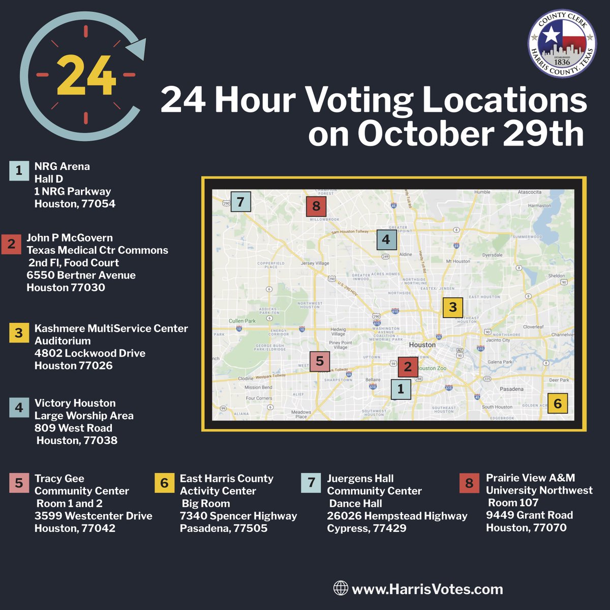 HarrisVotes's tweet photo. TODAY IS THE DAY. 24-HOUR VOTING IS HERE. Eight locations, overnight voting. The rest of our 122 Voting Centers will be open 7 a.m.-10 p.m. Remember: you can vote anywhere! Let's see what we can do today. https://t.co/s3HBl2J9bW #HarrisVotes #VoteYOURWay https://t.co/ufDG8Dv9mX