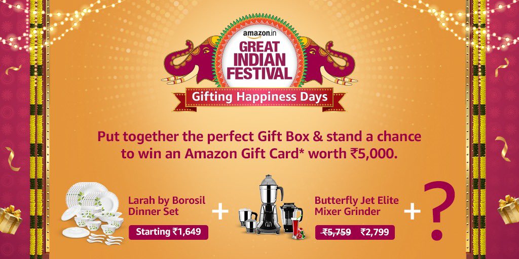 amazonIN's tweet photo. Ready for a festive get-together with friends and family? Prepare the perfect gift box, share in the comments below and you could win Amazon Gift Cards worth INR. 5000*!
Tag @amazonIN, use #AmazonGiftingHappinessDays.

T&amp;C: https://t.co/zQMgslraES 
#AmazonGreatIndianFestival https://t.co/GXWXHdiglm