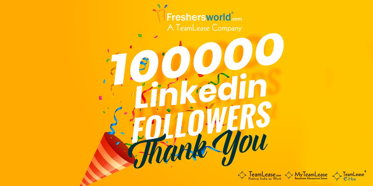 Freshersworld's tweet photo. #celebrating #1Lakh followers on https://t.co/oGQnOybjO0 @LinkedIn! 🤩

Thanks for all the Love and Trust! Inspires us to work more towards the freshers community!

Check out: https://t.co/vu0MeDmkyD

#cheers 🎊🎉👍🏼
#linkedin #freshersworld #Milestone #thanks #thankful #thankyou https://t.co/lklEPXIxer